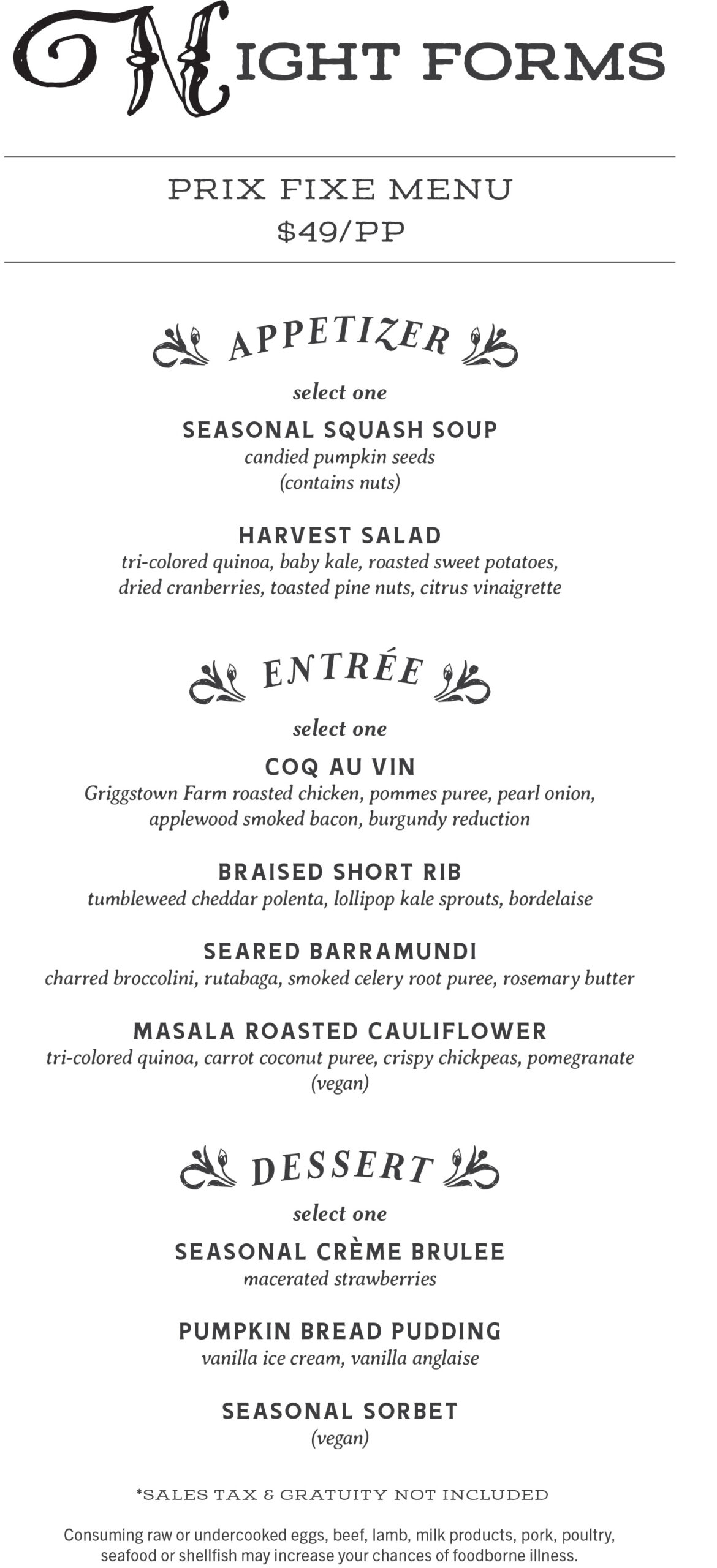 Night Forms Prix Fixe Dinner Menu