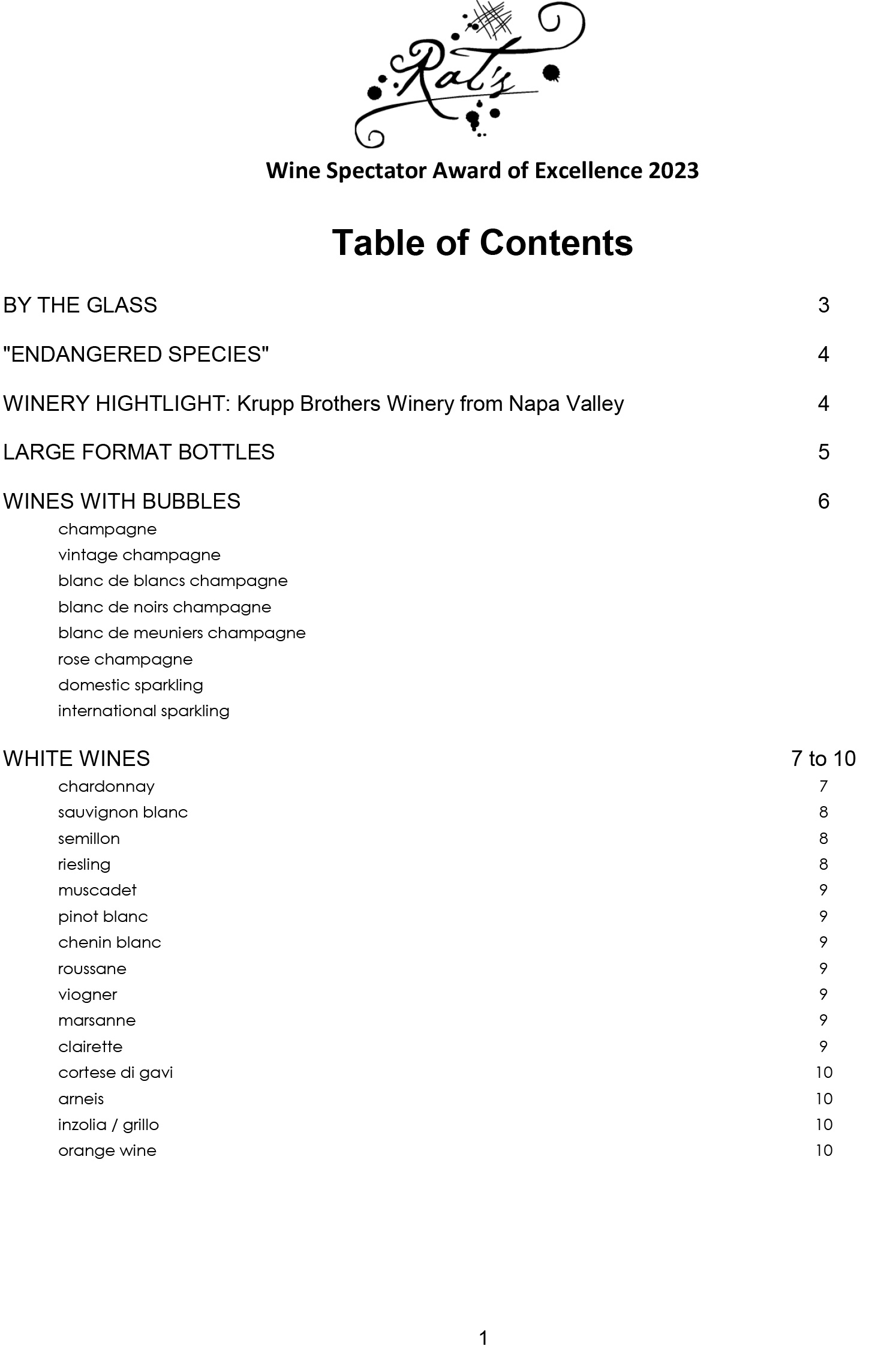 Wine List for Rat's Restaurant - Table of Contents