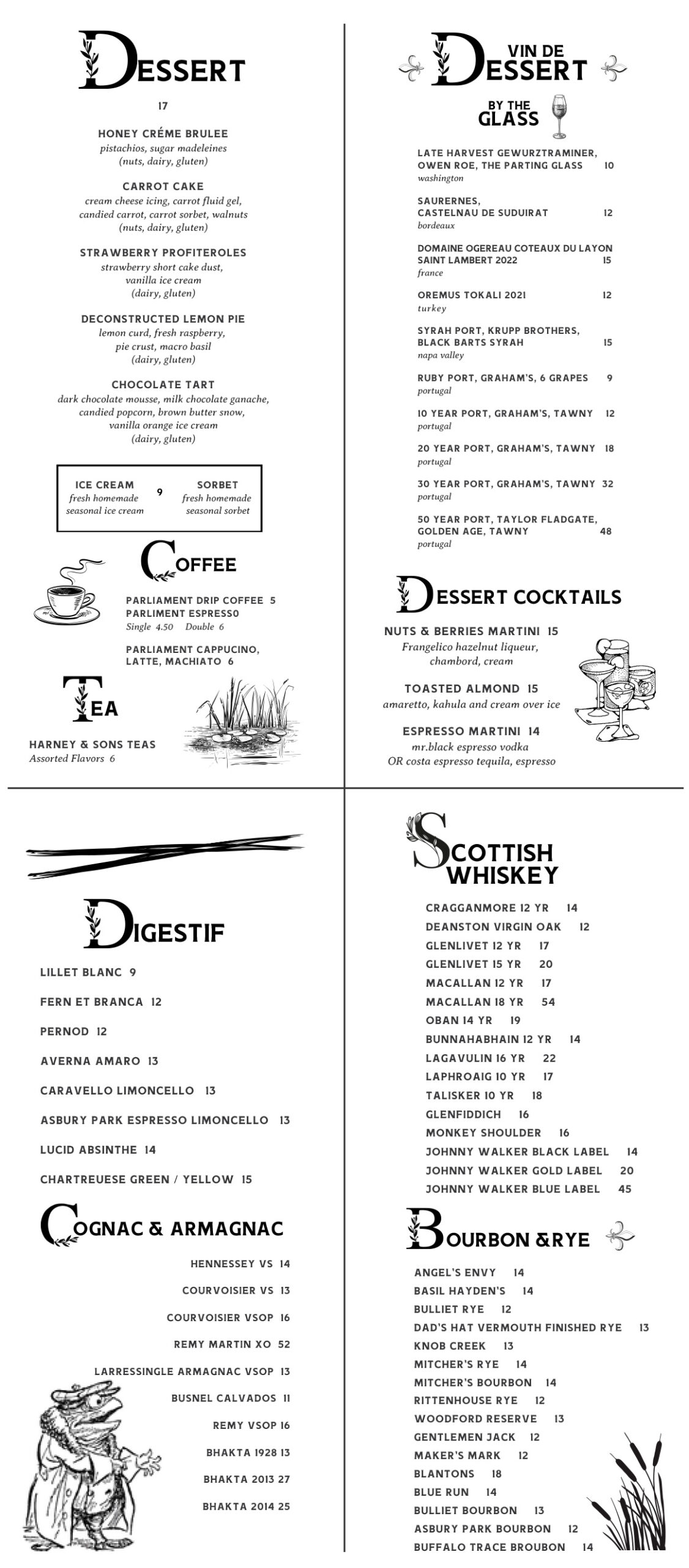 Rat's Restaurant Dessert and After Dinner Drinks Menu